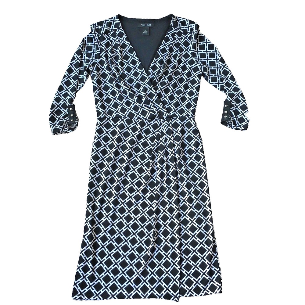 White House Black Market Dress 0 XS V Neck Fit Flare A Line Sheath Print Office